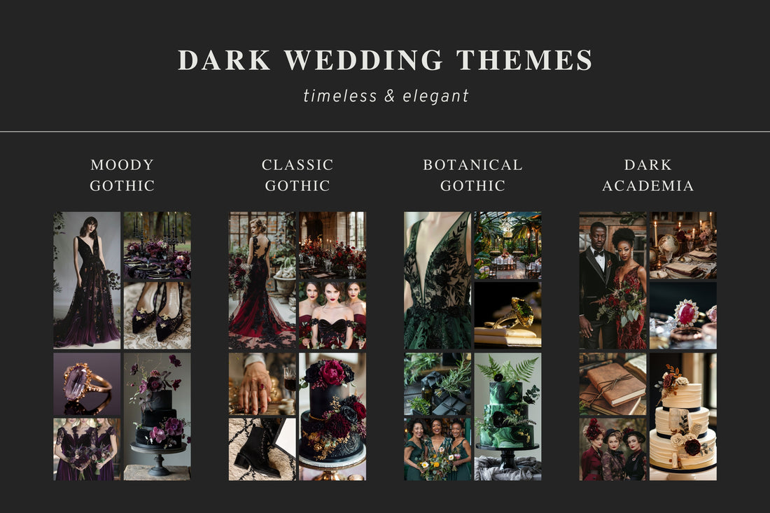 Dark wedding themes from classic gothic, botanical gothic, moody gothic and dark academia