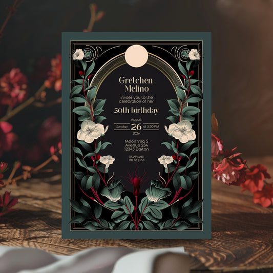 Celestial Gothic Art Deco Floral Birthday Invitation