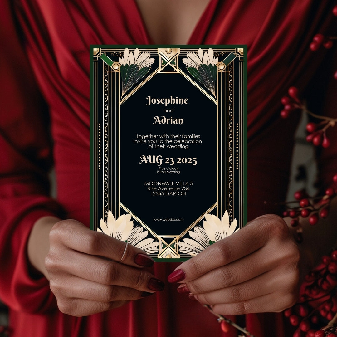 Gatsby-Inspired Green Floral Art Deco Wedding Invitation