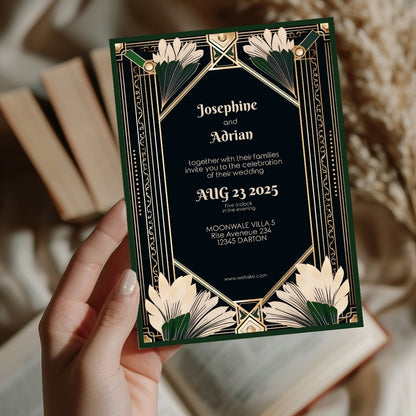 Gatsby-Inspired Green Floral Art Deco Wedding Invitation