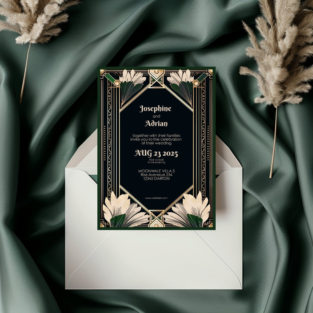 Gatsby-Inspired Green Floral Art Deco Wedding Invitation