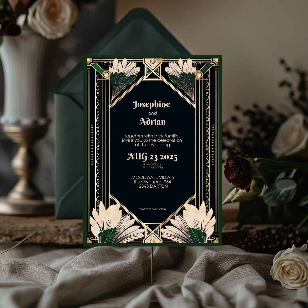 Gatsby-Inspired Green Floral Art Deco Wedding Invitation