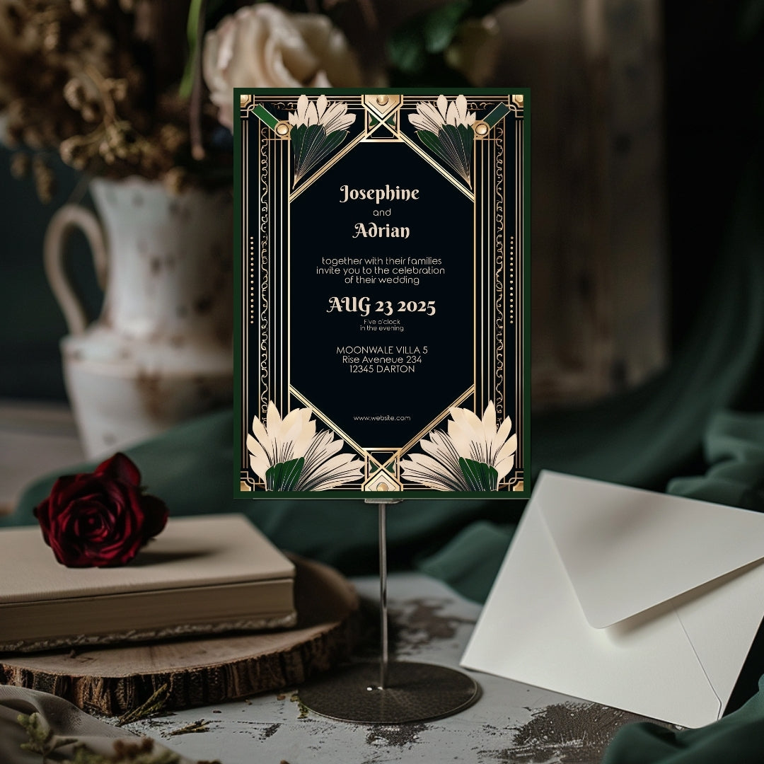 Gatsby-Inspired Green Floral Art Deco Wedding Invitation