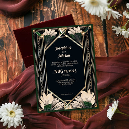 Gatsby-Inspired Green Floral Art Deco Wedding Invitation