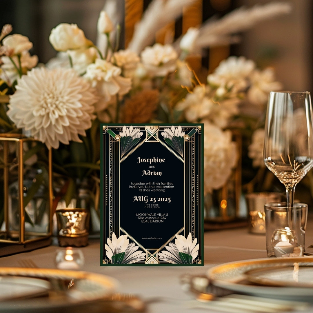 Gatsby-Inspired Green Floral Art Deco Wedding Invitation