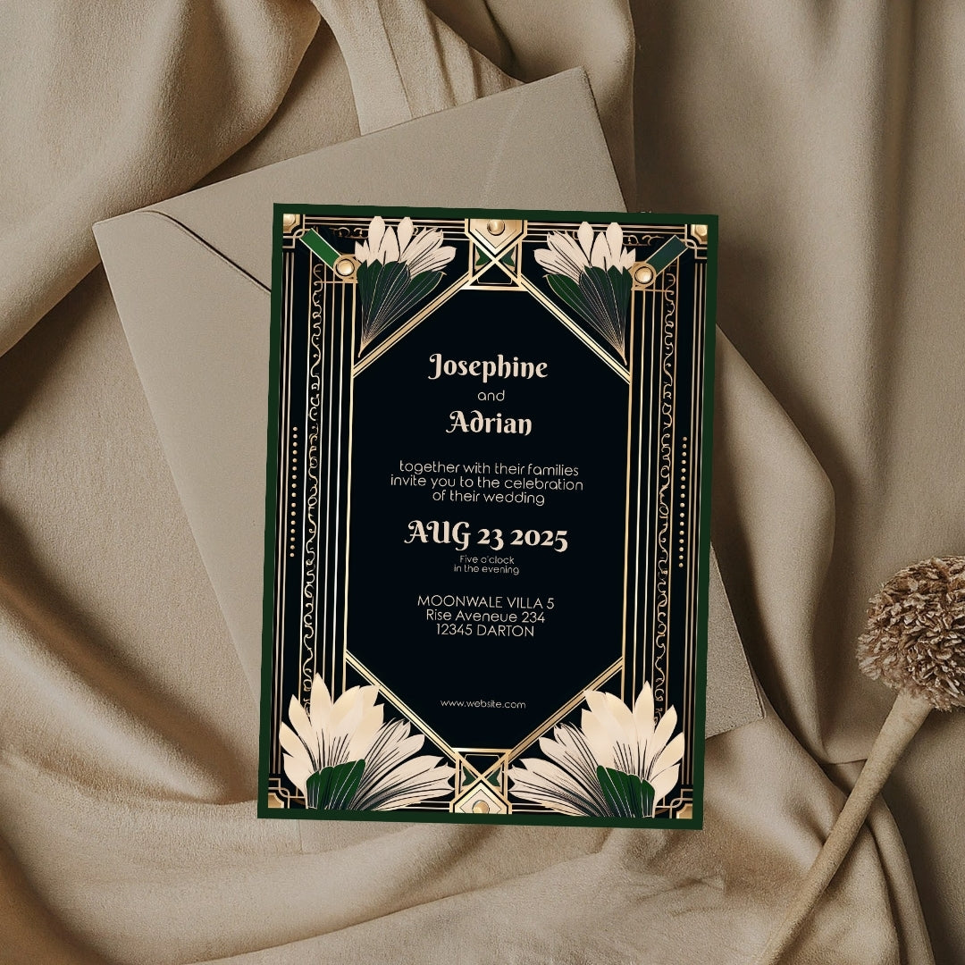 Gatsby-Inspired Green Floral Art Deco Wedding Invitation