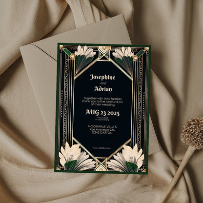 Gatsby-Inspired Green Floral Art Deco Wedding Invitation