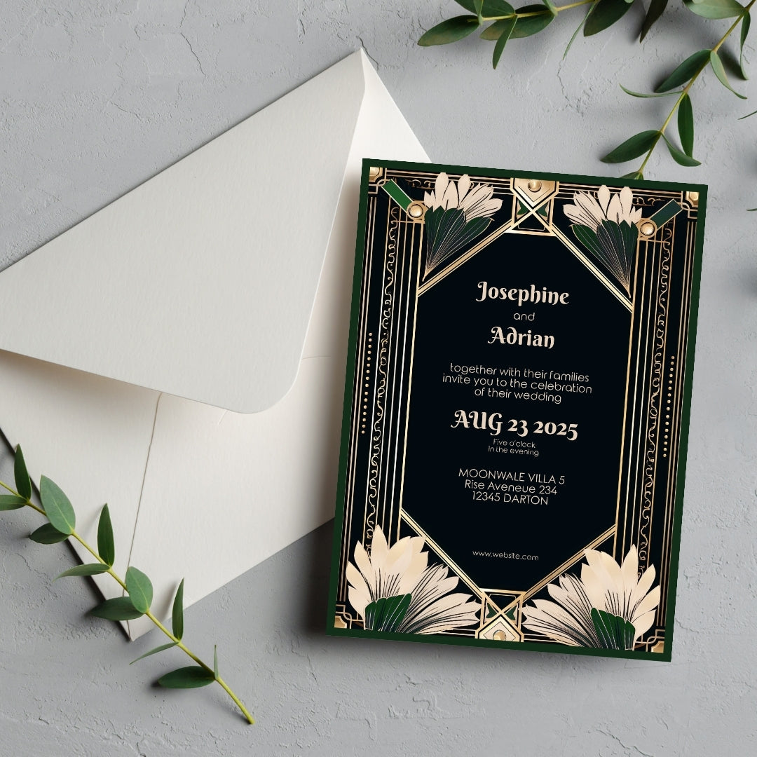 Gatsby-Inspired Green Floral Art Deco Wedding Invitation