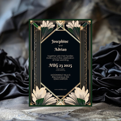 Gatsby-Inspired Green Floral Art Deco Wedding Invitation