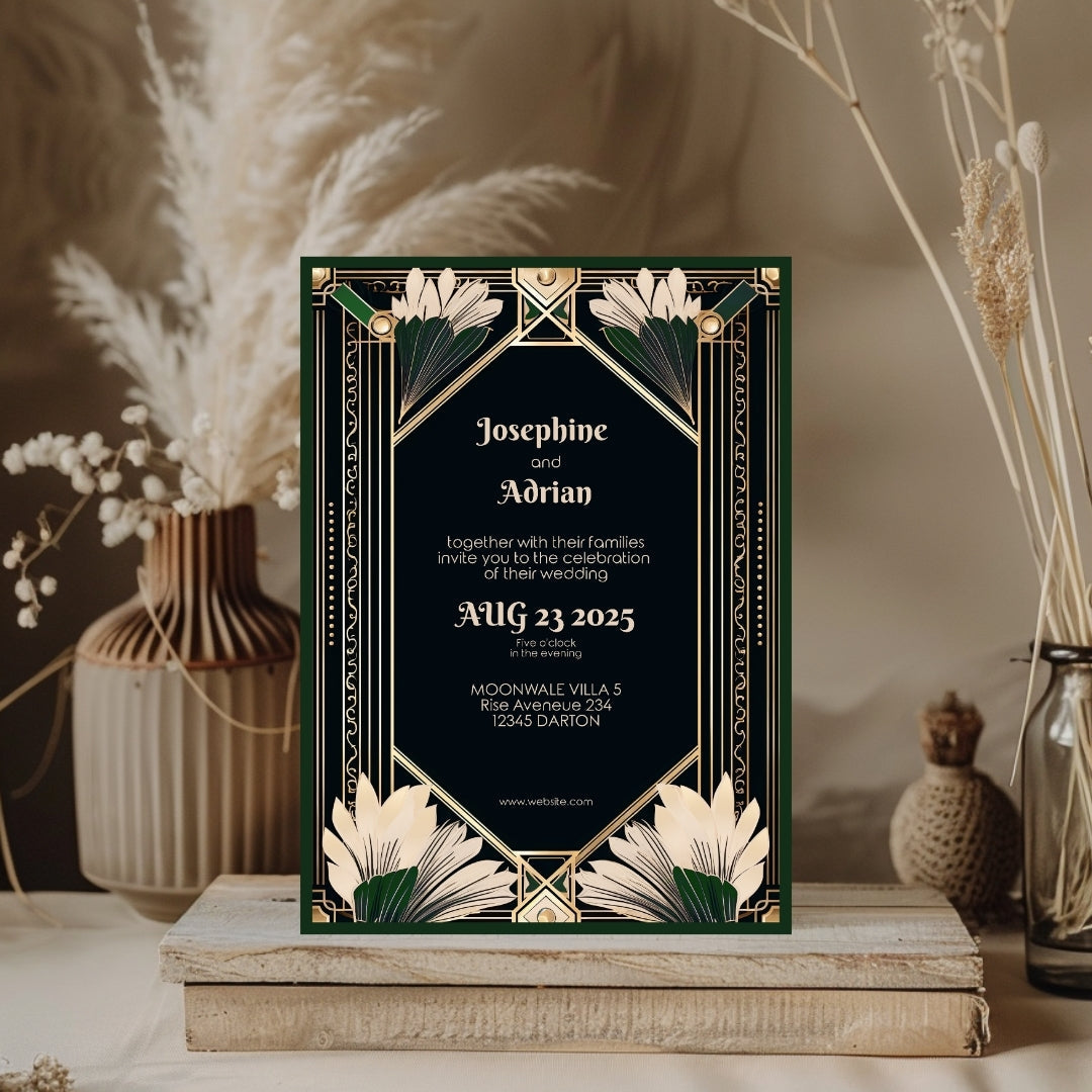 Gatsby-Inspired Green Floral Art Deco Wedding Invitation