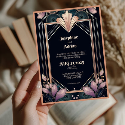 Colorful Floral Gold Art Deco Wedding Invitation