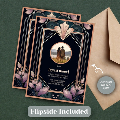 Colorful Floral Gold Art Deco Wedding Invitation