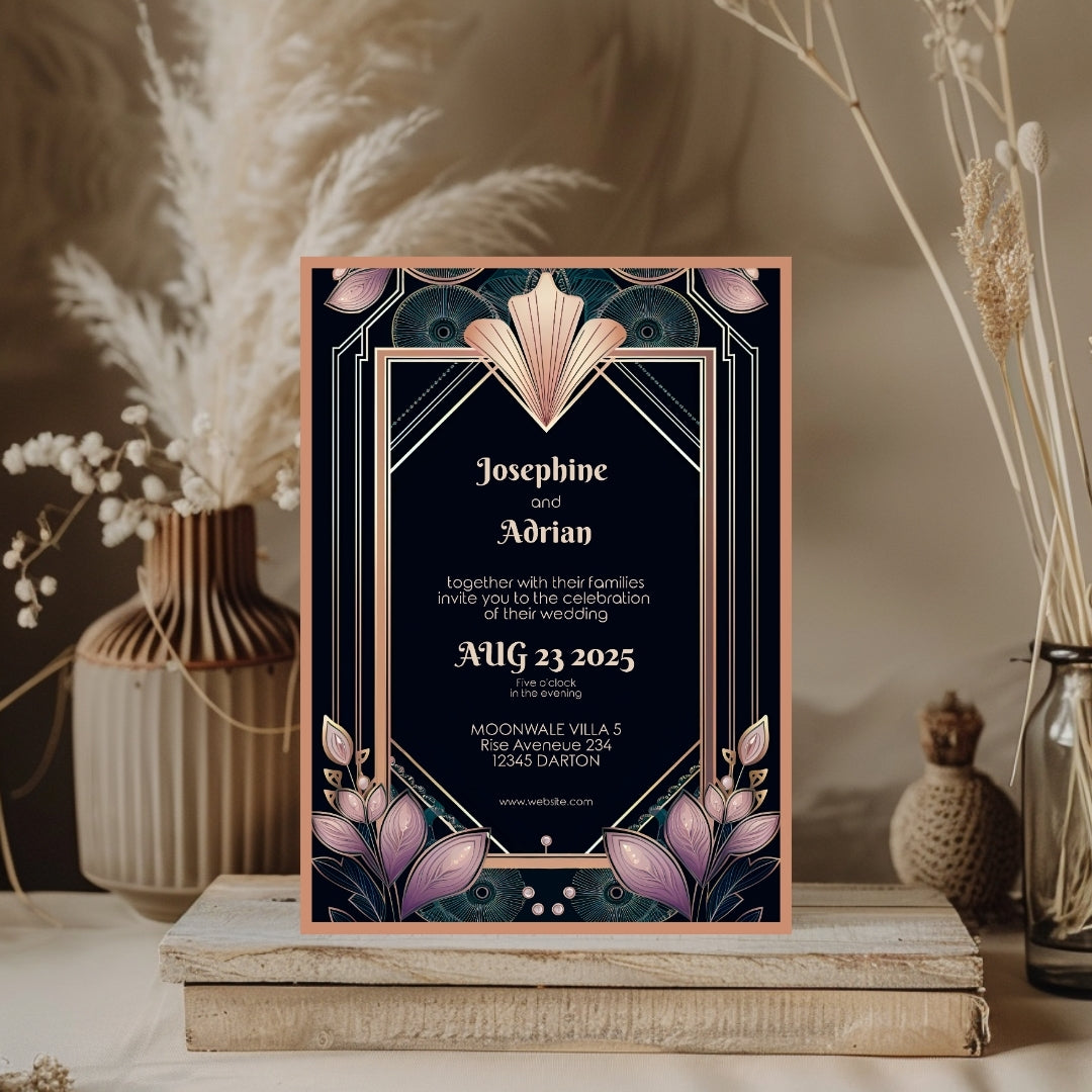 Colorful Floral Gold Art Deco Wedding Invitation