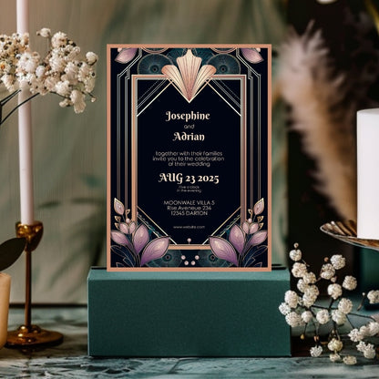 Colorful Floral Gold Art Deco Wedding Invitation