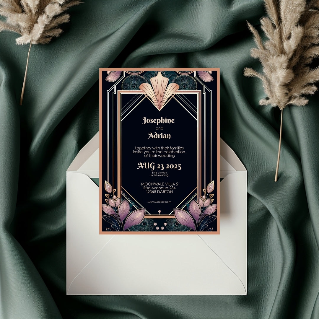 Colorful Floral Gold Art Deco Wedding Invitation