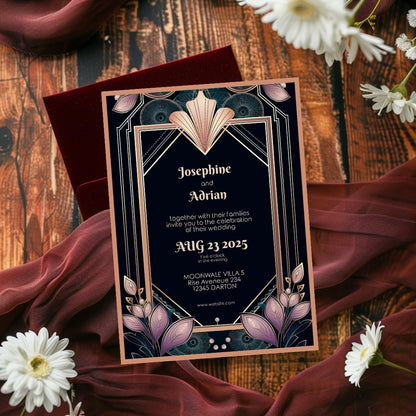 Colorful Floral Gold Art Deco Wedding Invitation