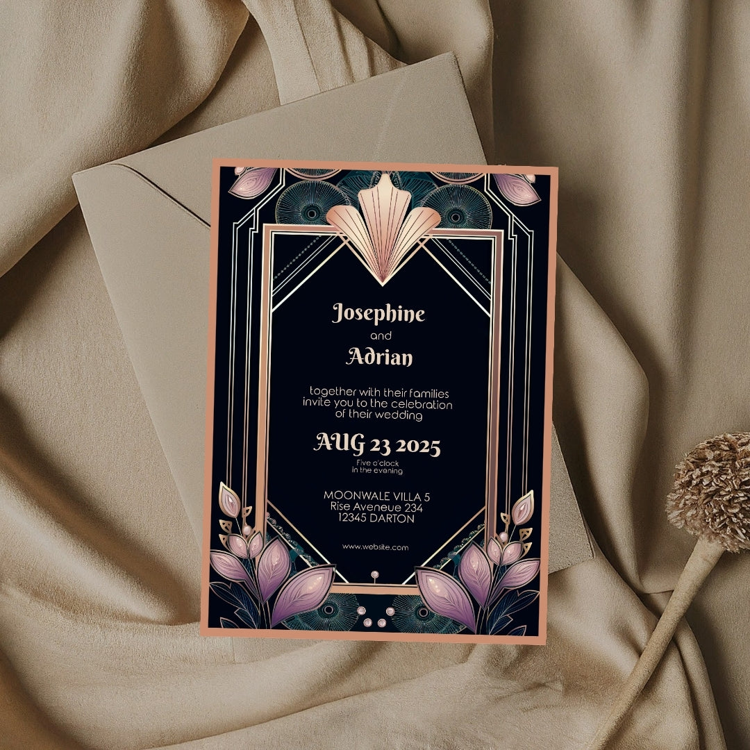 Colorful Floral Gold Art Deco Wedding Invitation