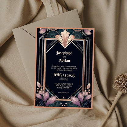 Colorful Floral Gold Art Deco Wedding Invitation