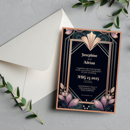 Colorful Floral Gold Art Deco Wedding Invitation