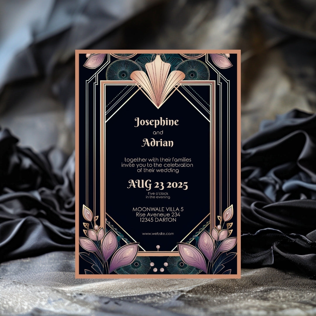 Colorful Floral Gold Art Deco Wedding Invitation