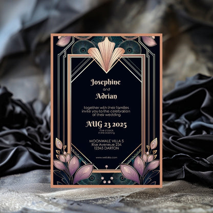 Colorful Floral Gold Art Deco Wedding Invitation