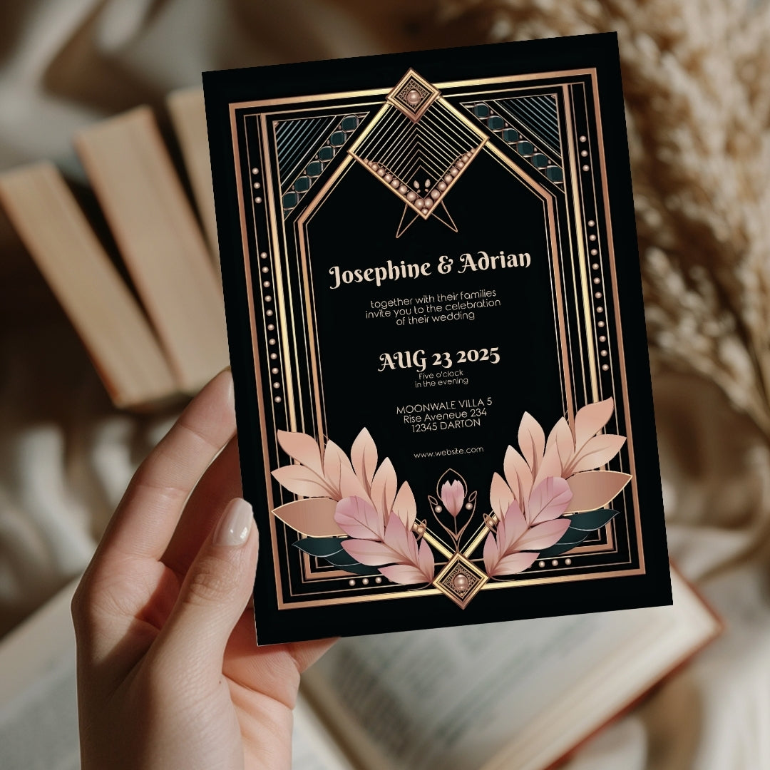 Blush Rose Gold Art Deco Wedding Invitation