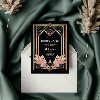 Blush Rose Gold Art Deco Wedding Invitation