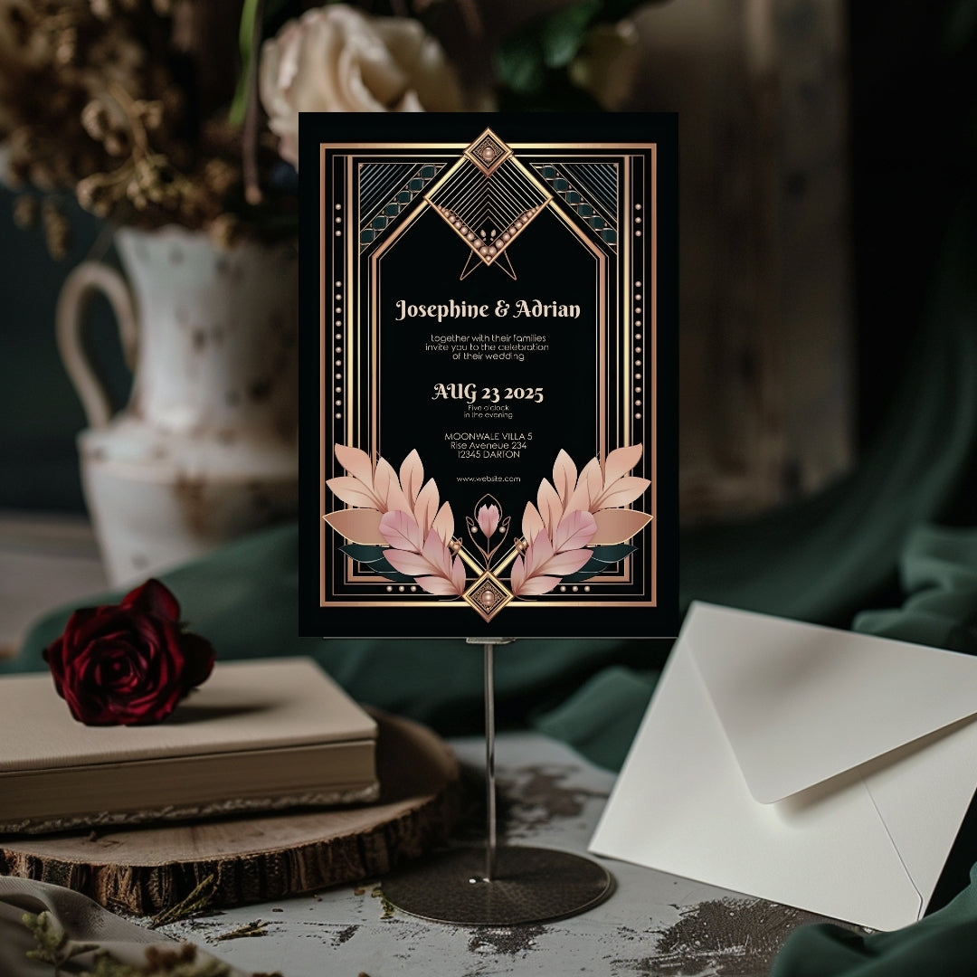 Blush Rose Gold Art Deco Wedding Invitation