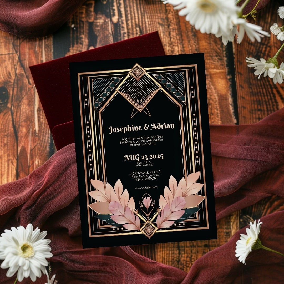 Blush Rose Gold Art Deco Wedding Invitation