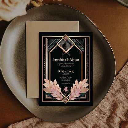 Blush Rose Gold Art Deco Wedding Invitation