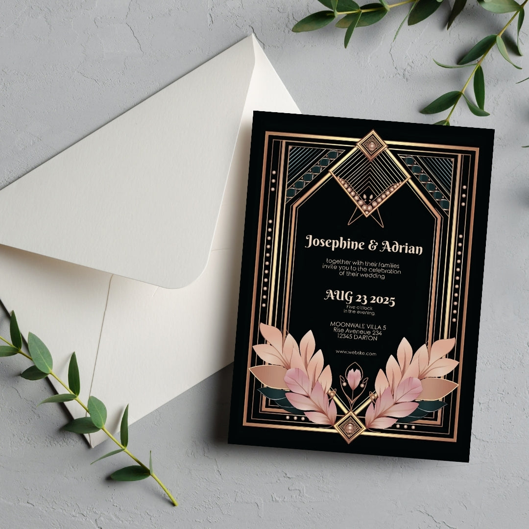 Blush Rose Gold Art Deco Wedding Invitation