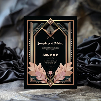 Blush Rose Gold Art Deco Wedding Invitation