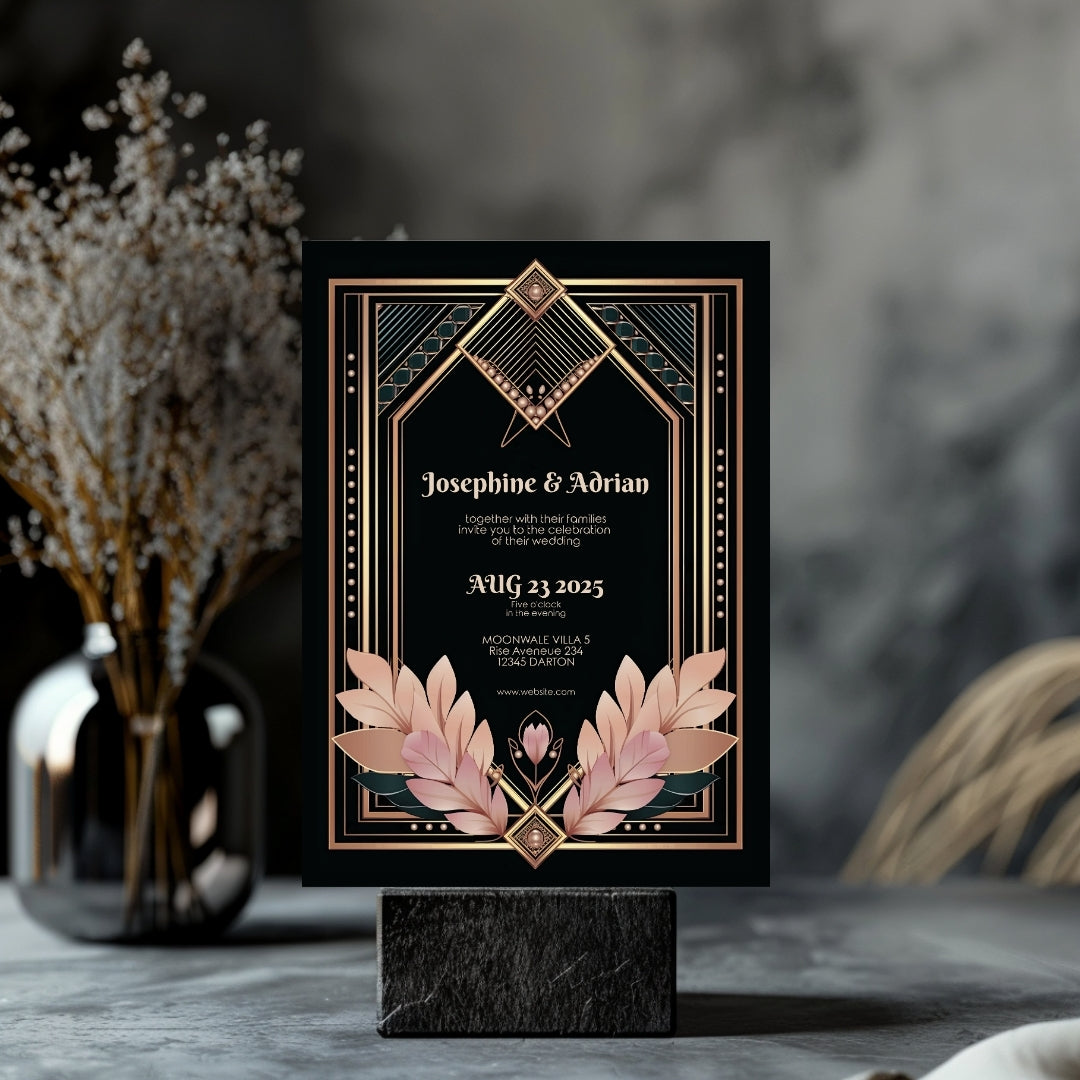 Blush Rose Gold Art Deco Wedding Invitation