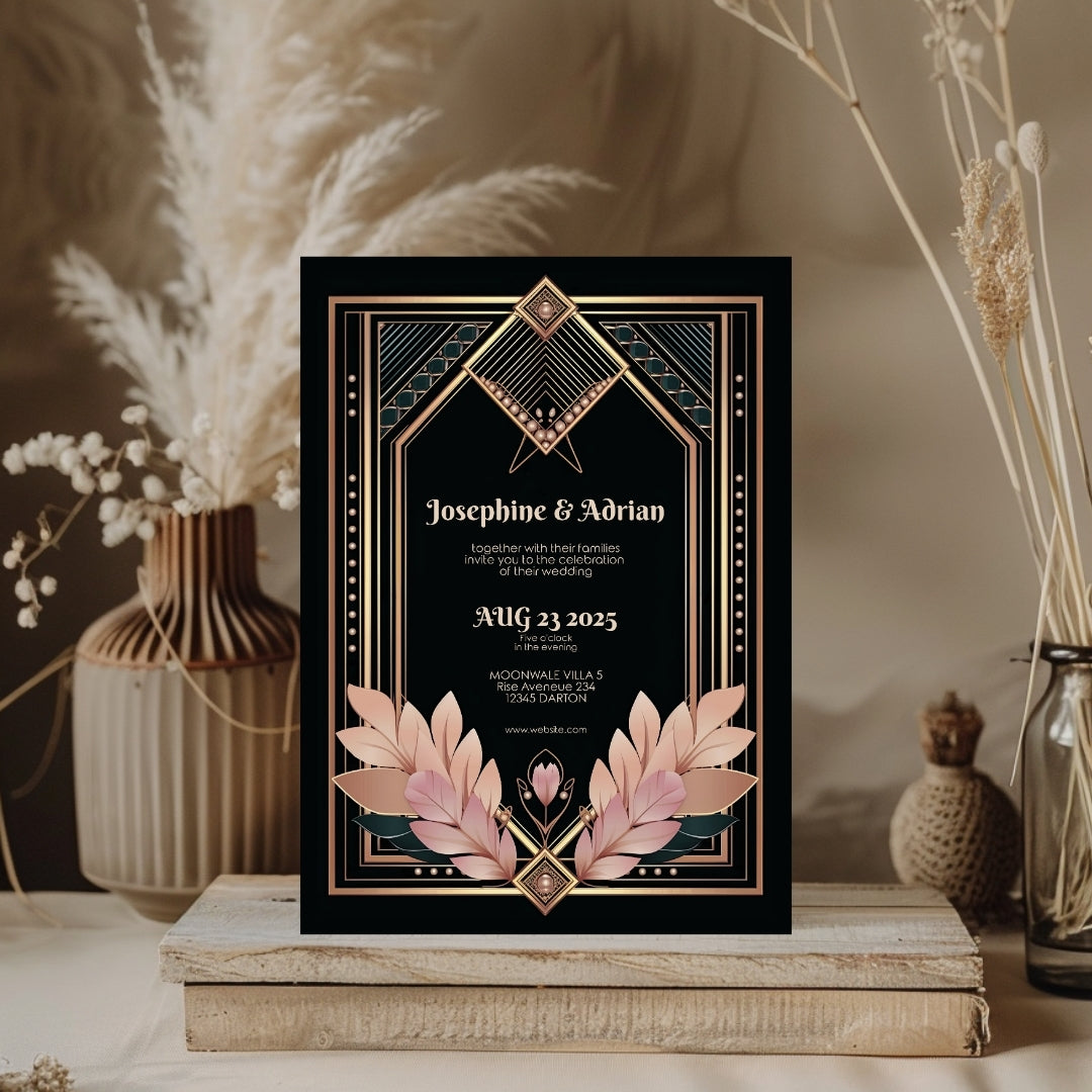 Blush Rose Gold Art Deco Wedding Invitation