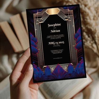 Blue Feather Gold Art Deco Wedding Invitation