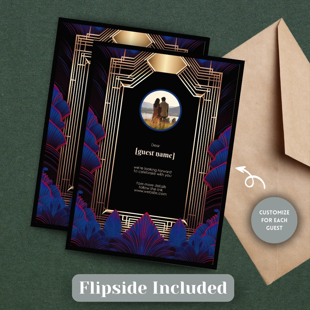 Blue Feather Gold Art Deco Wedding Invitation