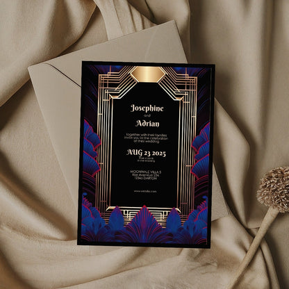 Blue Feather Gold Art Deco Wedding Invitation