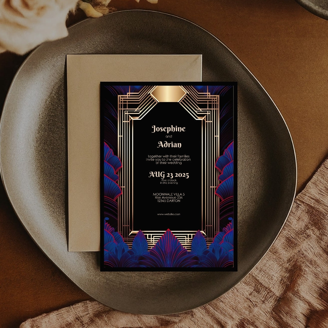 Blue Feather Gold Art Deco Wedding Invitation