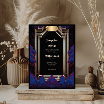 Blue Feather Gold Art Deco Wedding Invitation