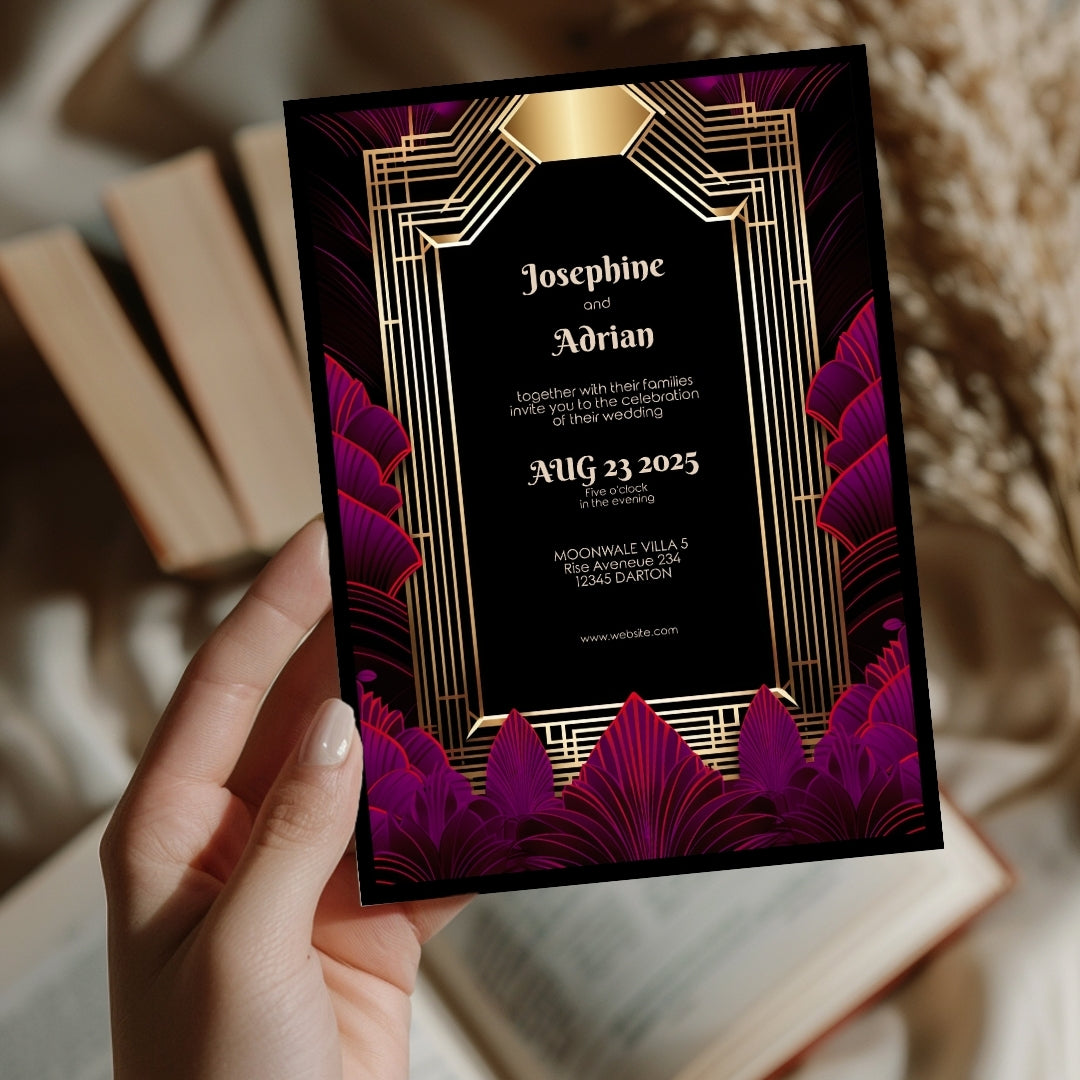 Pink Magenta Feather Art Deco Wedding Invitation