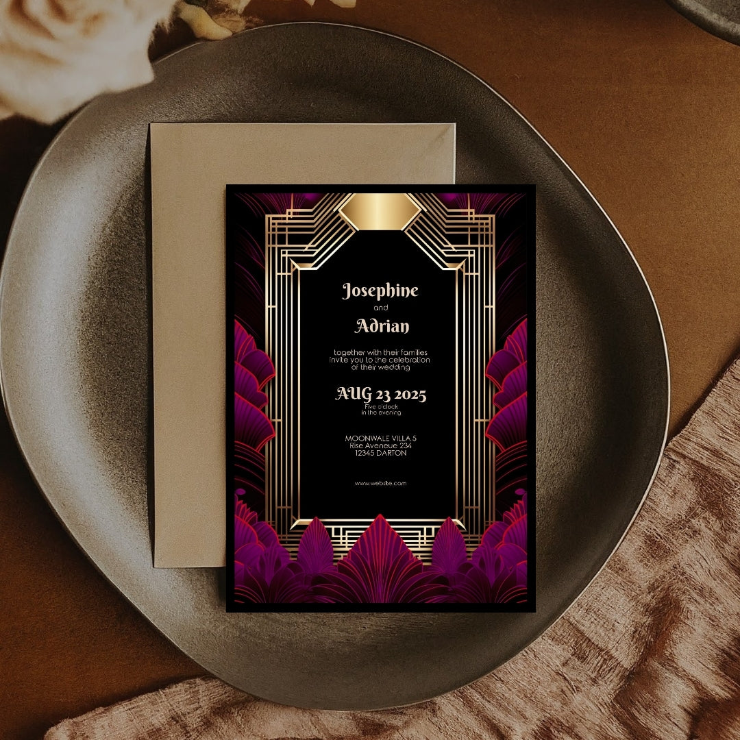 Pink Magenta Feather Art Deco Wedding Invitation