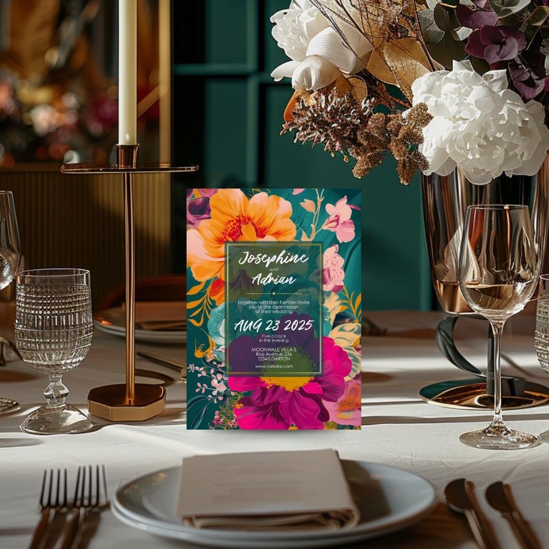 Colorful Tropical Teal Elegance Wedding Invitation Set - 5x7 Invitation, 4x5 Details, 3.5.x5 RSVP