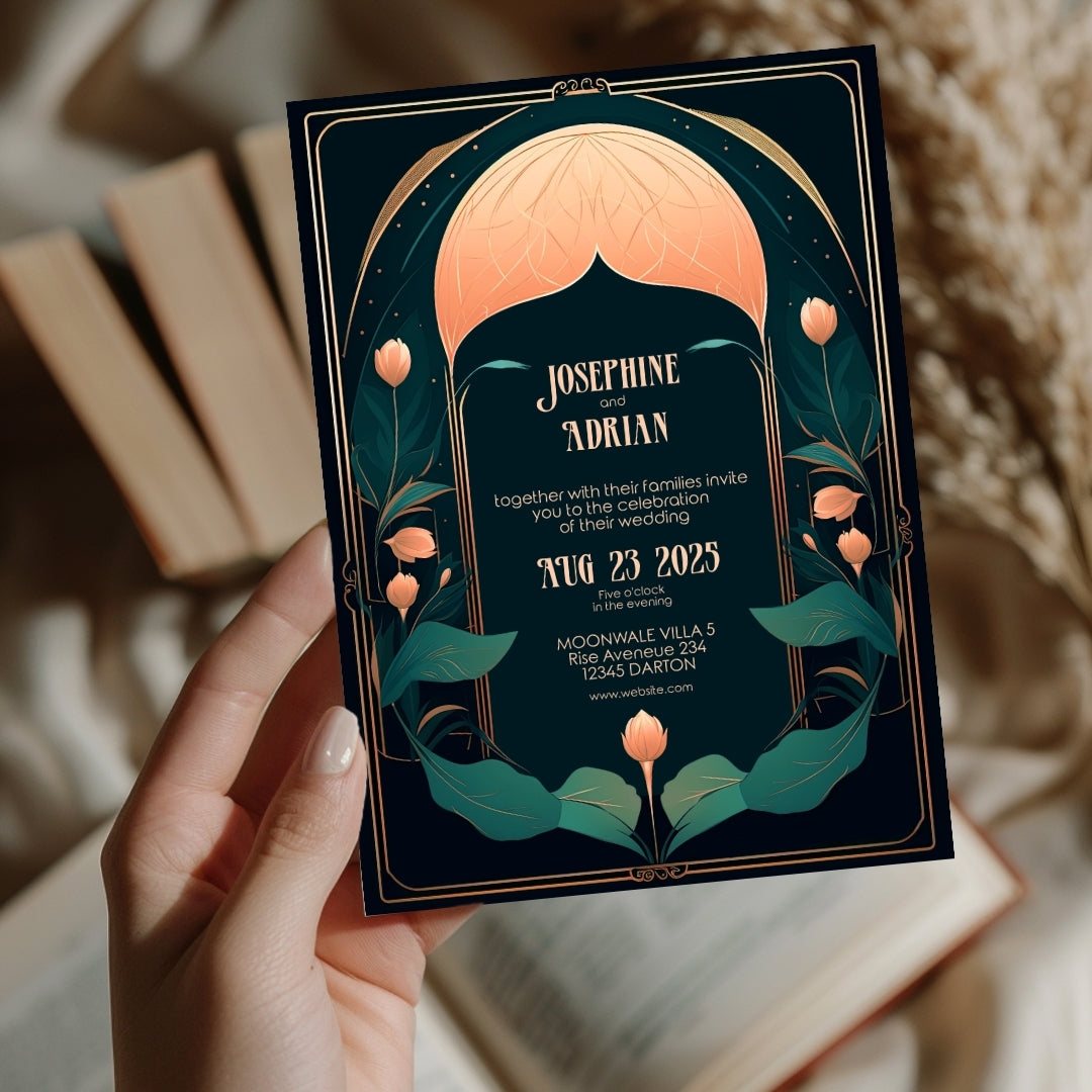 Celestial Floral Moon Art Deco Wedding Invitation