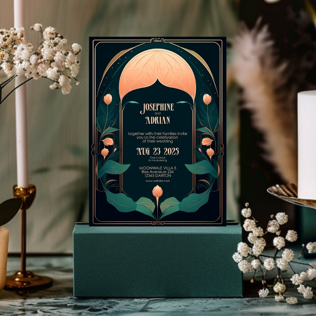 Celestial Floral Moon Art Deco Wedding Invitation