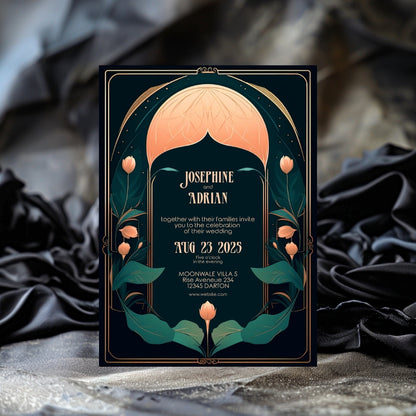 Celestial Floral Moon Art Deco Wedding Invitation