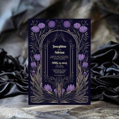 Gothic Purple Floral Wedding Invitation Set - 5x7 Invitation, 4x7 Details, 3.5.x5 RSVP