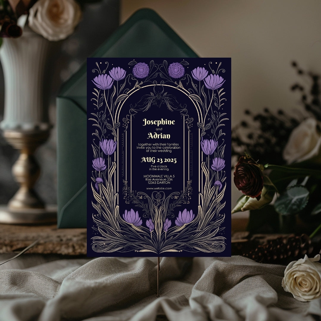 Purple Gothic Flower Wedding Invitation