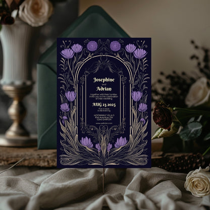 Purple Gothic Flower Wedding Invitation