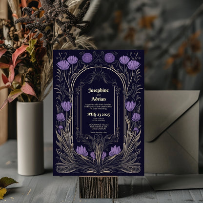 Purple Gothic Flower Wedding Invitation