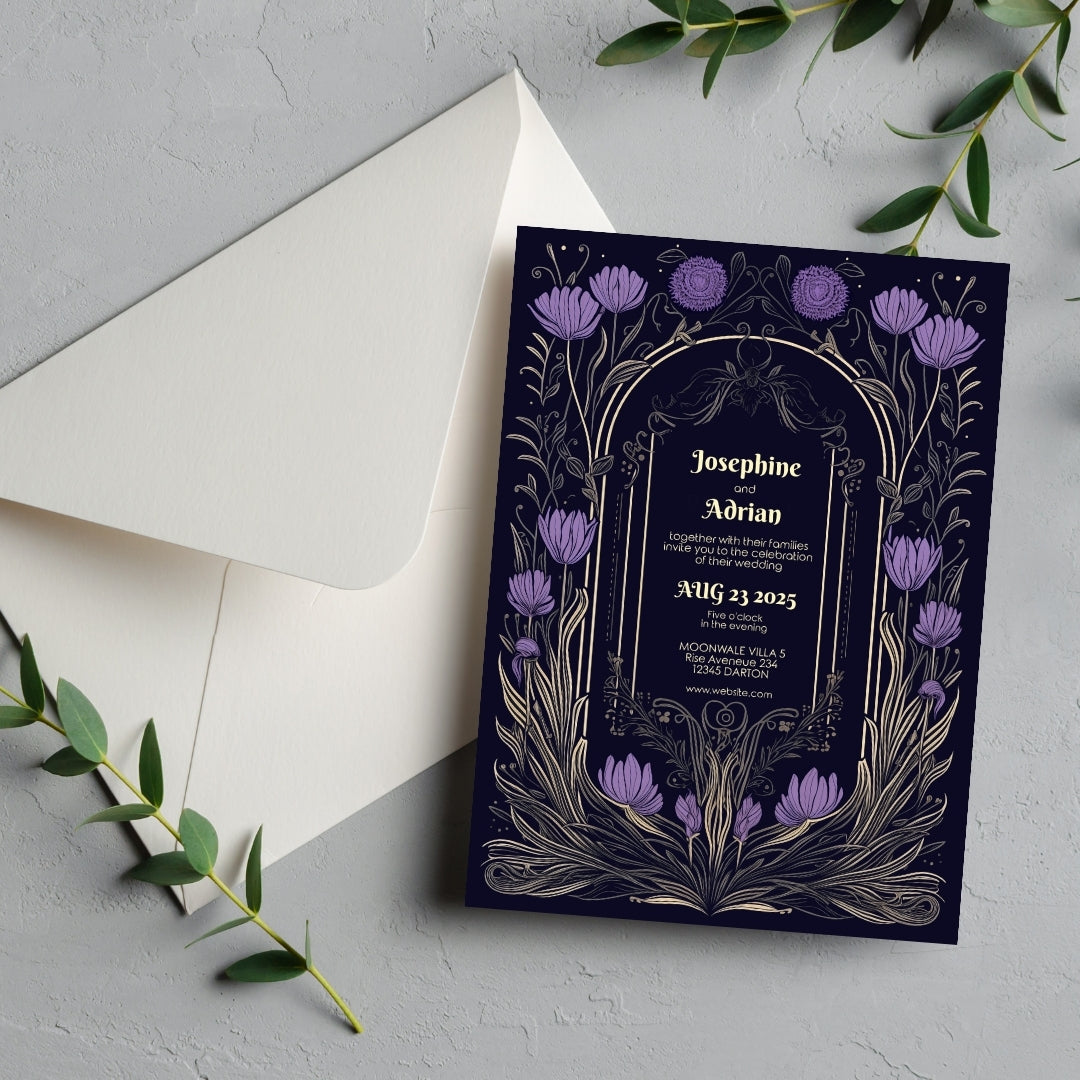 Purple Gothic Flower Wedding Invitation